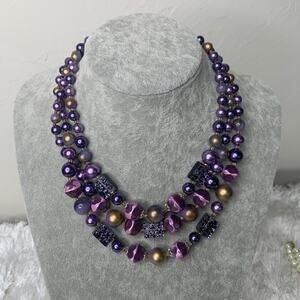 50s Vintage Multichain Purple Gold Beaded Necklace Acrylic 16"  Shortest Chain